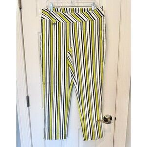 Peck & Peck Women’s Size 12 Cropped Stretch Pants White Black Lime Striped Ankle